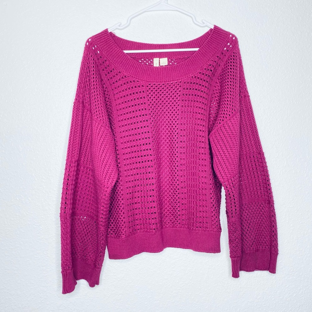 🍓 Moth Anthropologie Chunky Knit Wide Sleeve Boat Neck Fuchsia Sweater Medium